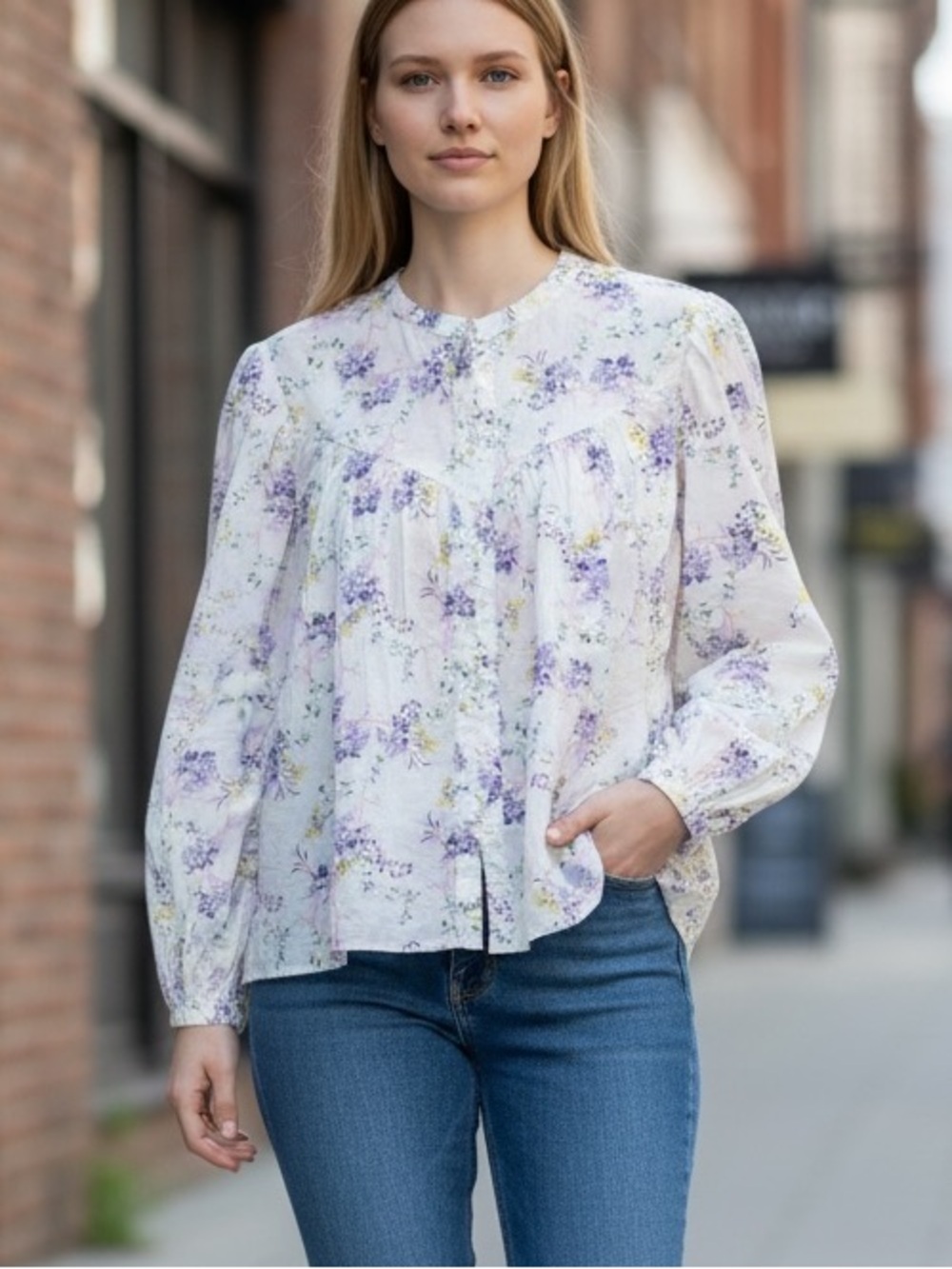 White with Lavender Floral Button-Front Blouse